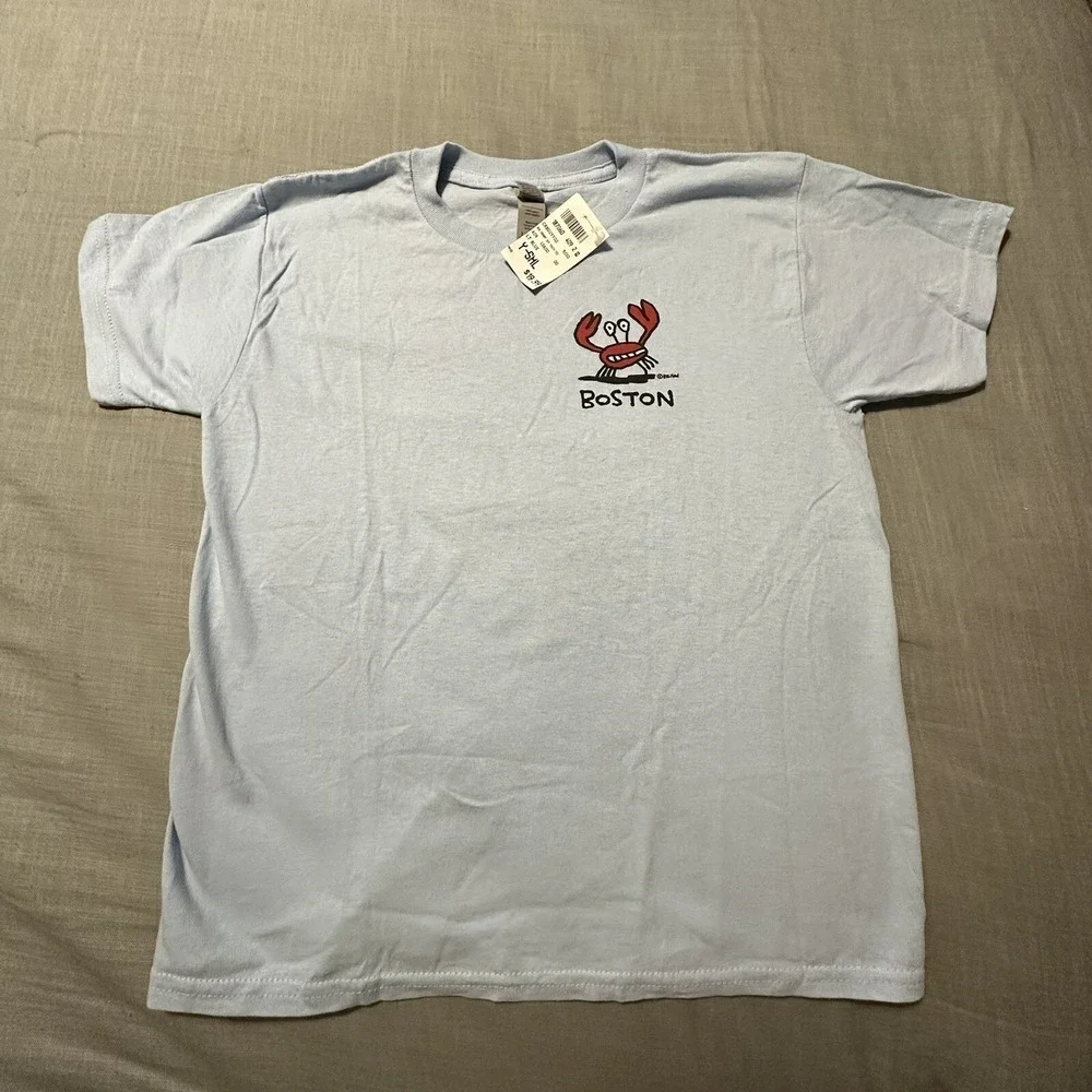 Big‎ Hed Designs Boston Crabby Guy Youth Small T-Shirt Light Blue New NWT